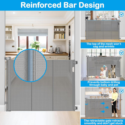 42 Inch Extra Tall Retractable Baby Gates with Reinforced Strips 55 Inch Wide Outdoor Retractable Dog Gate No Sag Extra Tall Baby Gate for Doorway Anti-Scratch Mesh Gates for Kids or Pets, White
