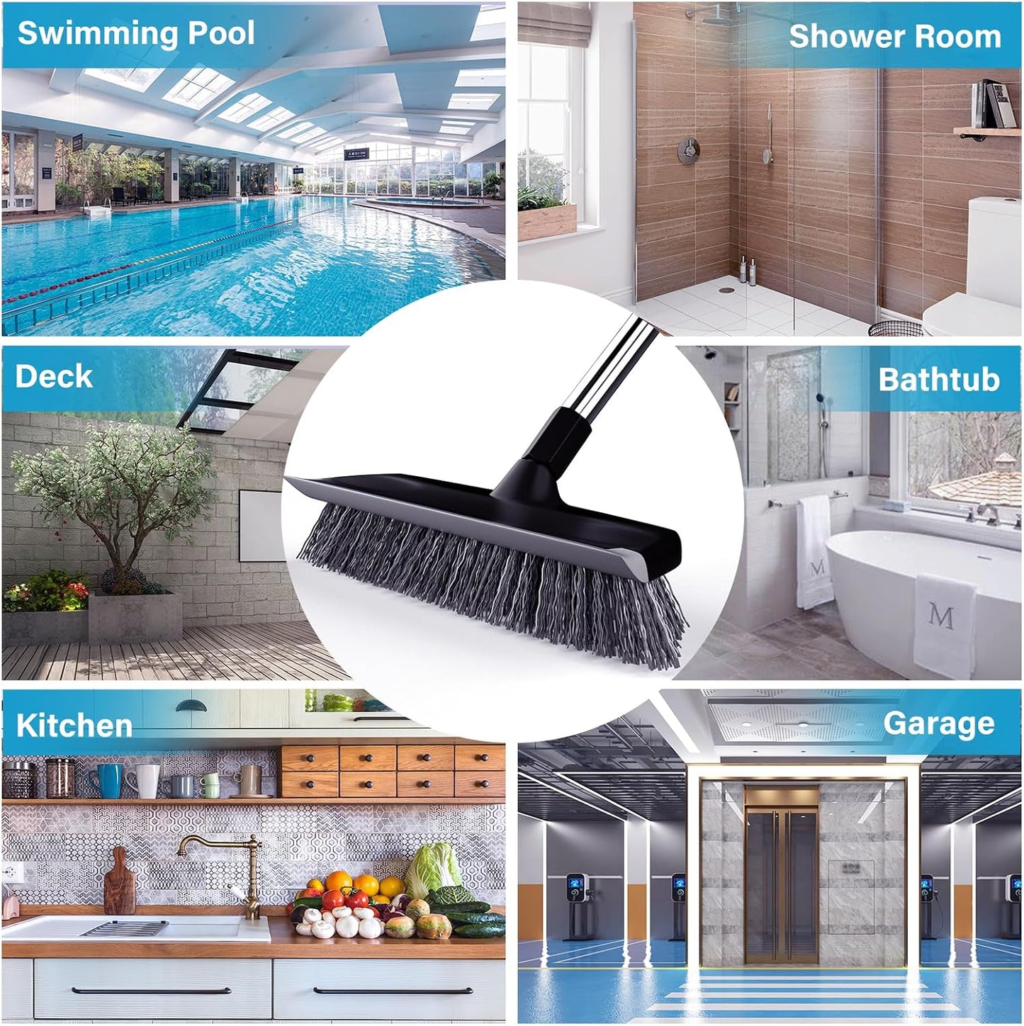 BITOPE Deck Scrub Brush with Long Handle, Heavy Duty Floor Cleaning Scrubber with Stiff Bristles Garage Concrete Cleaner Tool for Cleaning Tile Patio Outdoor Porch Indoor Kitchen Shower Bathroom