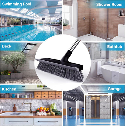 ITTAR Floor Scrub Brush with 55" Long Handle, 10" Wide Stiff Bristles Deck Brush, Stainsless Steel Pole Heavy-Duty Cleaning Brush, 2-in-1 Scrubber with Ruber Squeegee for Deck, Patio, Pool, Tile, Wall
