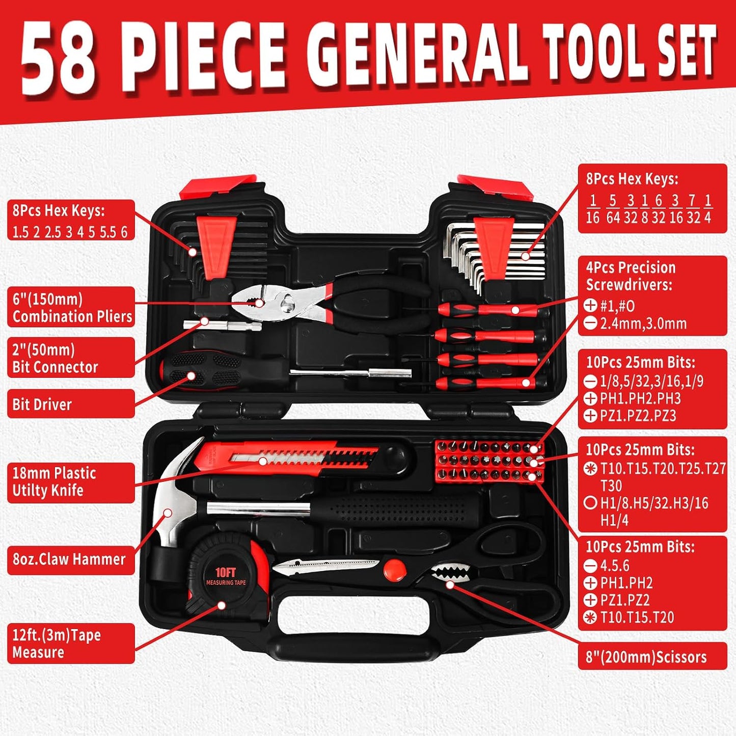 144-Piece General Household Hand Tool Kit with Plastic Toolbox Pink | Basic General Hand Tool Kit, Household Tool Set, for Home Repair, Office & College Dormitory Use, Daily Use for Women