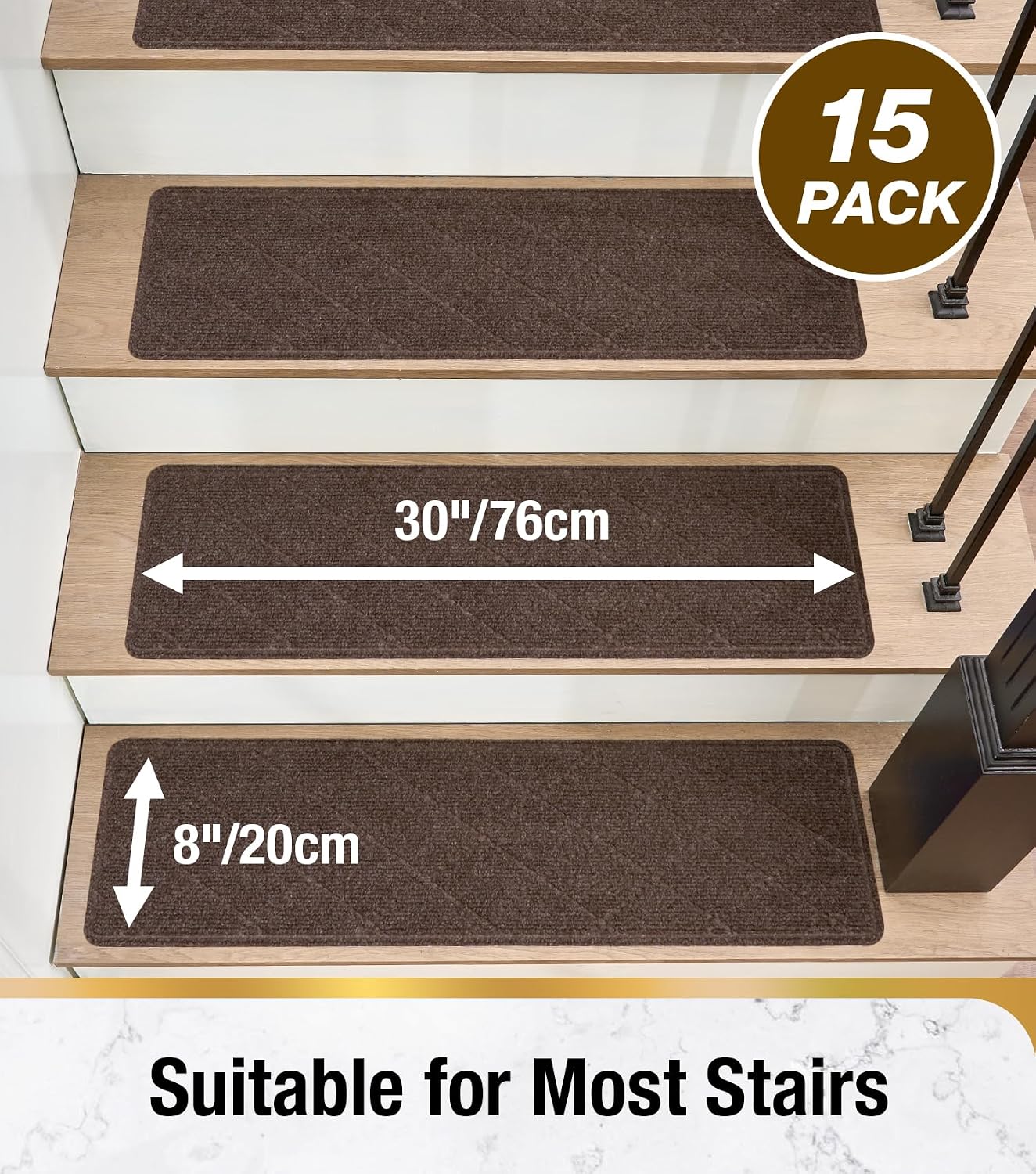 HITSLAM Stair Treads for Wooden Steps, 15 Pack 8 x 30 Inch Peel and Stick Carpet Stair Treads Non-Slip Indoor, Safe for Kids and Dogs, Stair Runners with Self-Adhesive Backing, Easy to Install, Brown