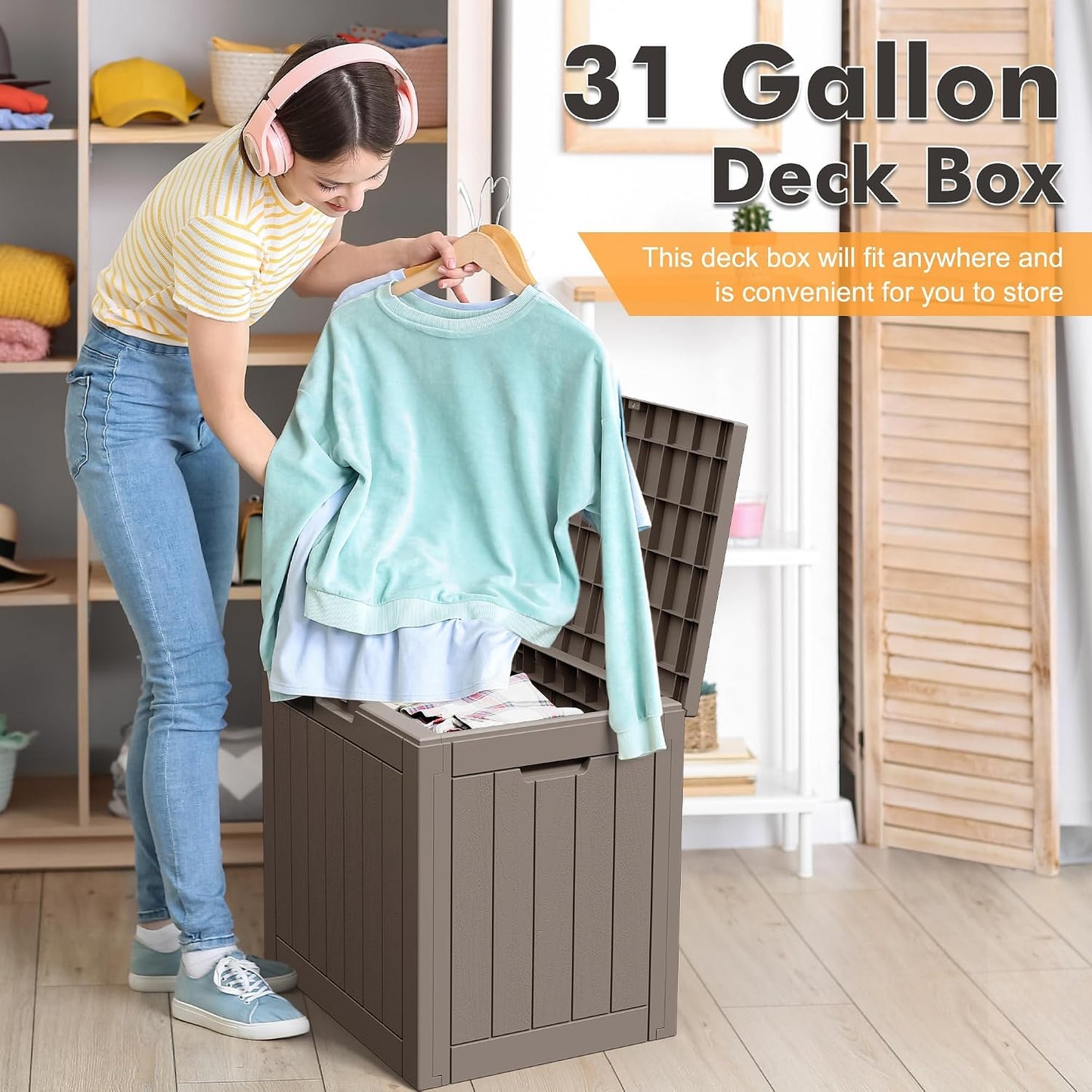 35 Gallon Outdoor Storage Box, Waterproof Resin Deck Box with Lockable Lid – Storage Cabinet for Patio Furniture, Pool Supplies, Garden Tools – Indoor & Outdoor Use