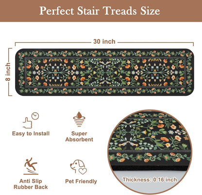 OJIA Floral Stair Treads Non-Slip Carpet Stair Treads for Wooden Steps Indoor 15PCS 30"x8" Stair Runner Stair Mats Staircase Step Treads for Kids, Elders and Dogs, Stair Covers, Black