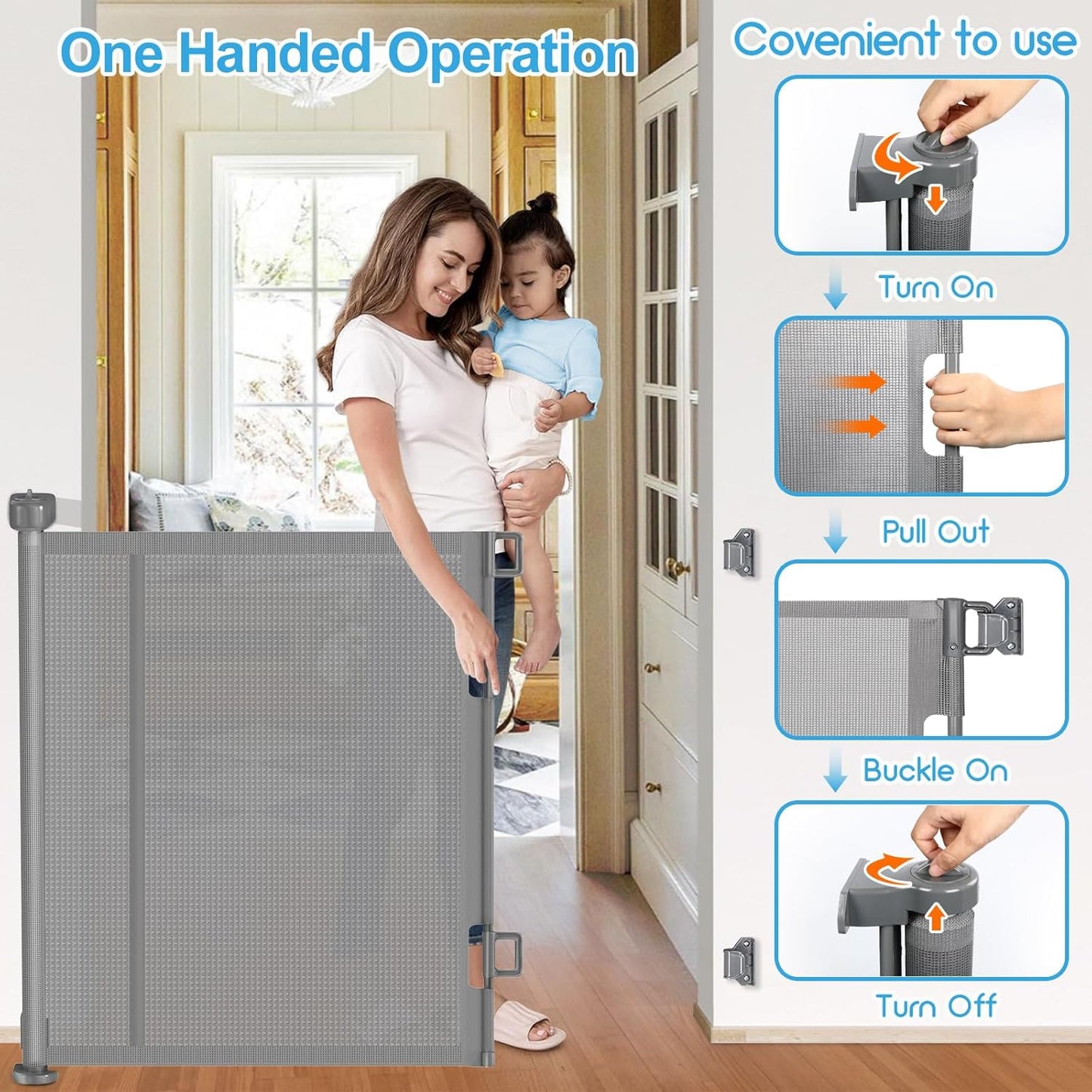 71 inch Retractable Baby Gates, EZIGO Extra Wide Baby Gate for Large Opening Extra Long Mesh Gate for Kids or Pet Dog Gate Child Safety Gate for Stairs Hallways Doorway Indoor Outdoor, Gray