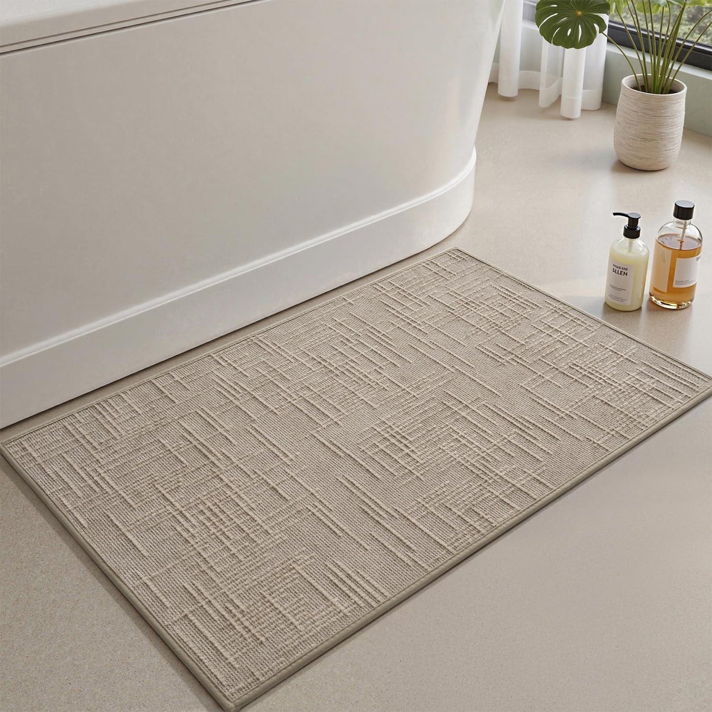 AMOAMI Bath Mat Non Slip Super Absorbent Quick Dry Bath Mats for Bathroom Floor Rubber Backing Washable Bathroom Rugs Modern Woven Jacquard Mat, Beside Tub Bath Rugs, 17" x 24", LightGrey