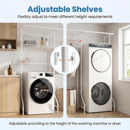 Over the Washer and Dryer Storage Shelf, 6-Tier Laundry Room Organizer with Hanging Rod & Hooks, Adjustable Heavy Duty Carbon Steel Space Saver Rack, Fits Most Washers and Dryers, Black (White)