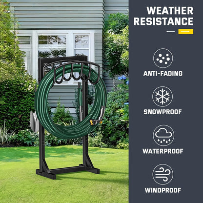 Kesfitt Garden Hose Holder Stand with Tool Storage Basket & 4 Spikes, Detachable Heavy Duty Metal Freestanding Outdoor Organizer for Lawn Yard Water Storage Rack