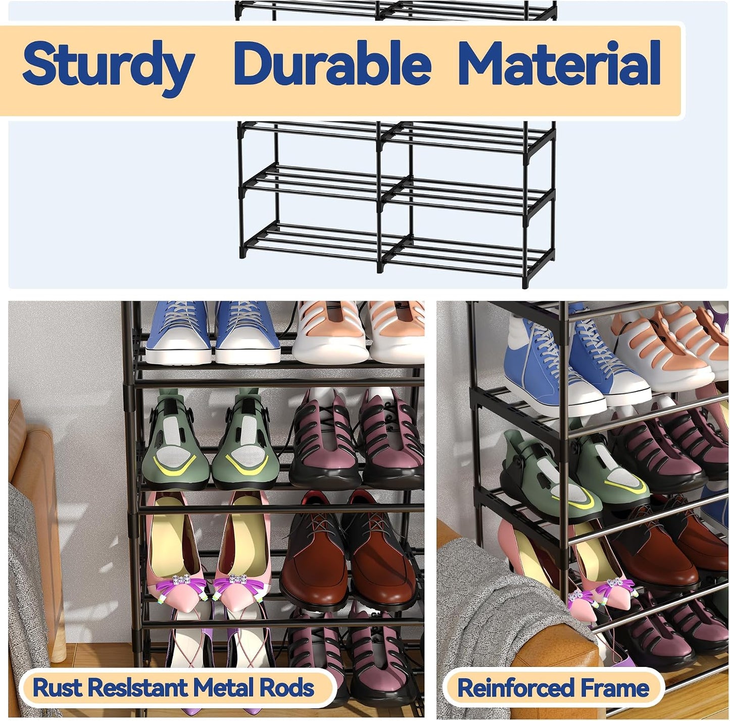 3 Row 4 Tier Long Shoe Rack, Black Metal Stackable Shoe Shelf with Multifunctional Hooks, Shoe Storage Hold 24-30 Pairs, Space Saving Shoe Organizer for Closet,Wide Shoe Rack