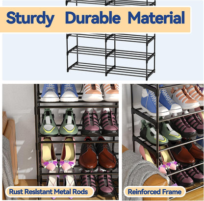 3 Row 4 Tier Long Shoe Rack, Black Metal Stackable Shoe Shelf with Multifunctional Hooks, Shoe Storage Hold 24-30 Pairs, Space Saving Shoe Organizer for Closet,Wide Shoe Rack