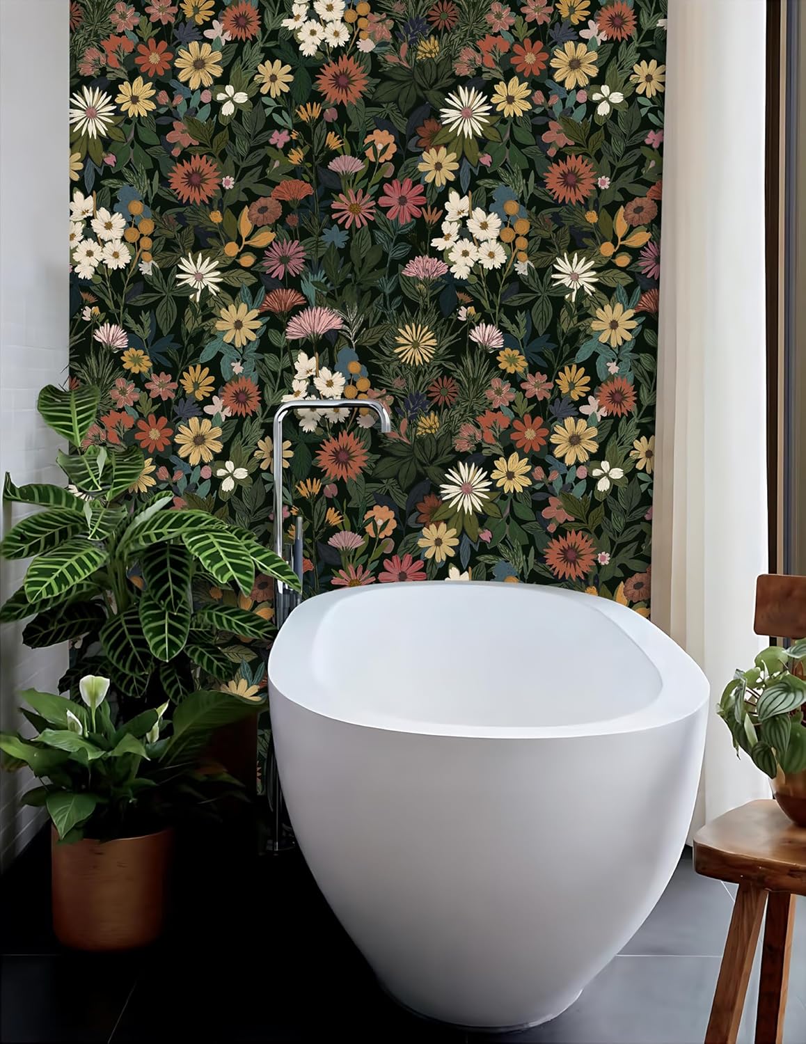 Wallpaper Peel and Stick Boho Wall Paper Removable Waterproof Green Floral Contact Paper for Bedroom, Bathroom,Bathroom, Home Wall 17.3" x 118"