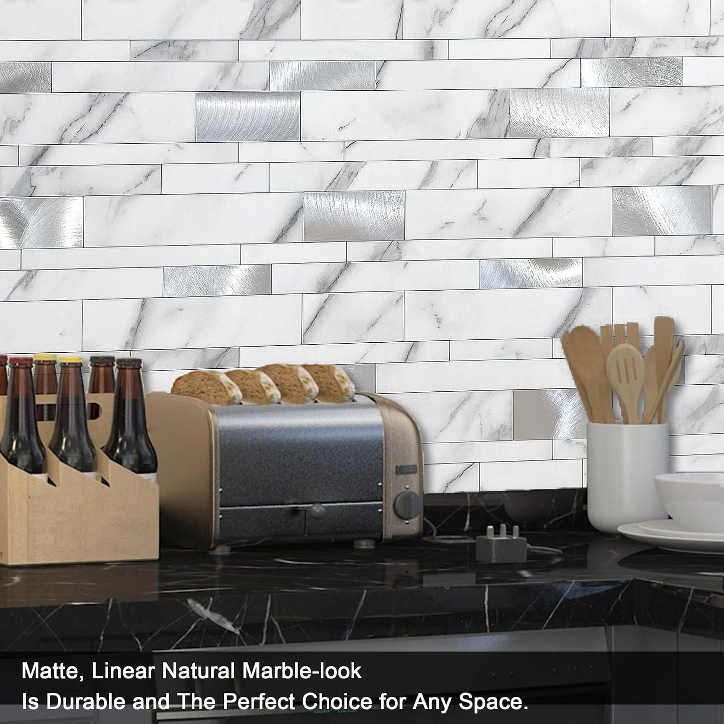VAOVI Backsplash Tile Peel and Stick Kitchen Stone Subway Linear Mosaic Bathroom Shower Wall Waterproof(10pcs,Gray)