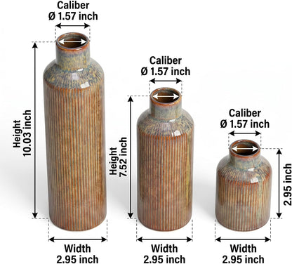 Brown Ceramic Vase Set of 3 - Rustic Farmhouse Vases for Centerpieces Small Modern Decorative Vase for Flower Kitchen Bathroom Bedroom Living Room Shelf Home Decor