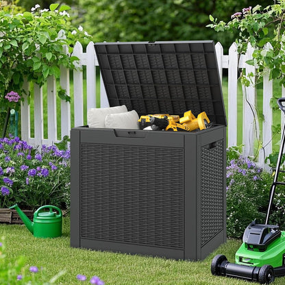 NUNU LAB Outdoor Storage Box, 45 Gallon Outside Deck Box Waterproof, Resin Outdoor Storage Cabinet With Lockable Lid, Backyard Storage Bench For Garden Tools, Patio Cushions, Pool Tools, Black