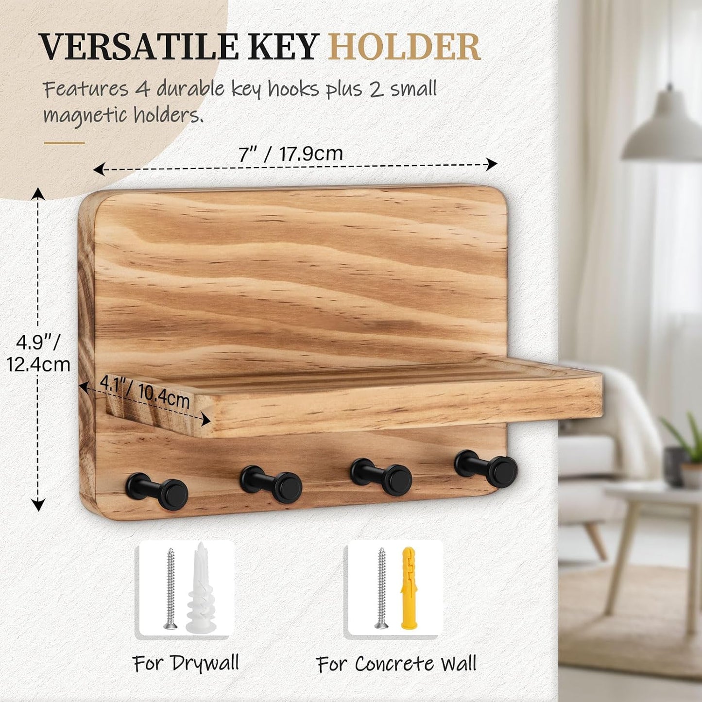 Nekon Key Holder for Wall with Shelf, Pine Wooden Key Hanger Wall Mounted, Farmhouse Wall Organizer for Home Entryway & Apartment (Standard, Wood)