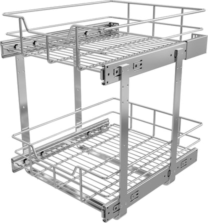 2 Tier Pull Out Cabinet Organizer 11" W X 22" D, Slide Out Drawers For Kitchen Cabinets, Pull Out Drawers For Cabinets Capacity Heavy Duty Caddy, Cabinet Pullout Shelves Chrome-Plated, Bathroom Pantry