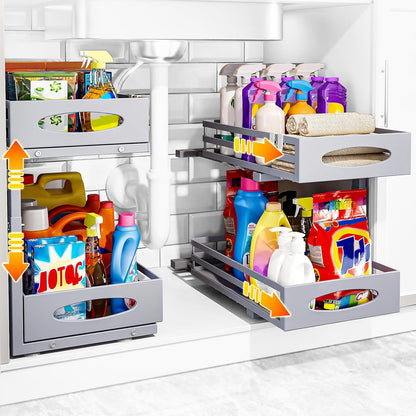 mixeshop Under Sink Organizer, 2 Tier Under Sink Organizers and Storage, Adjustable Height, Slide out Metal Cabinet Organizers, Pull out Cabinet Storage Drawer Shelf for Kitchen Bathroom (Black, 2)