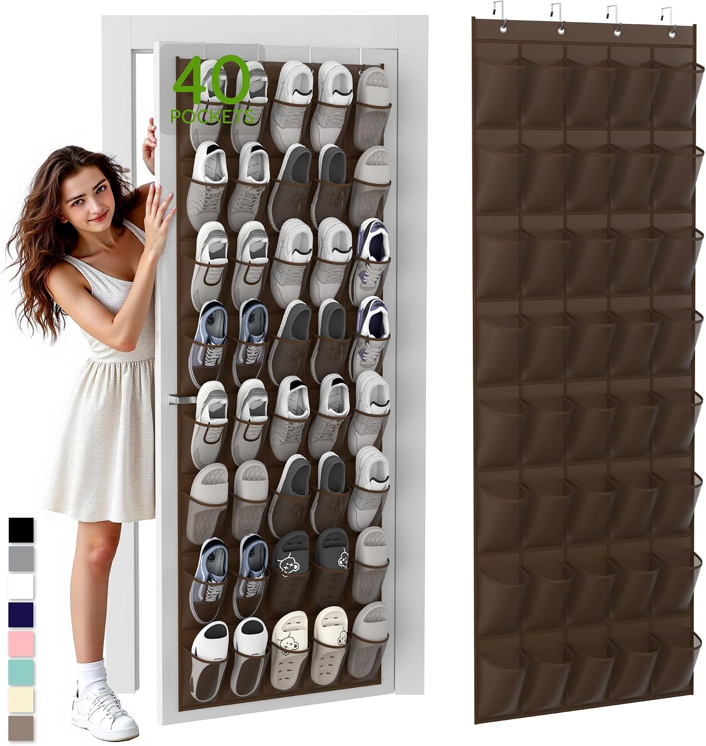 Over the Door Shoe Organizer with 40 Large Breathable Mesh Pockets, Space Saving Shoe Holder, Hanging Shoe Rack for Entryway Bedroom Closet Storage (White, 40 Pockets)