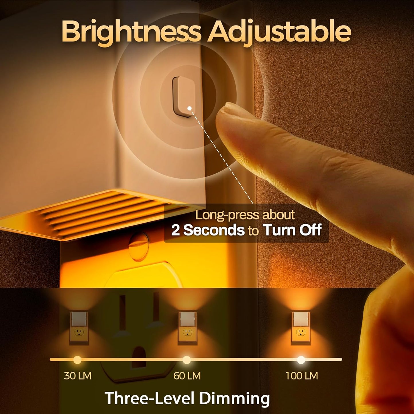 DORESshop LED Motion Sensor Night Light [2 Pack], Plug in Night Light, Dusk to Dawn Night Light Motion Sensor, 3 Level Brightness Adjustable Night Lights for Adults, Bedroom, Bathroom, Hallway, 3000K
