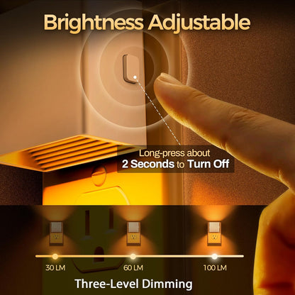 DORESshop LED Motion Sensor Night Light [2 Pack], Plug in Night Light, Dusk to Dawn Night Light Motion Sensor, 3 Level Brightness Adjustable Night Lights for Adults, Bedroom, Bathroom, Hallway, 3000K