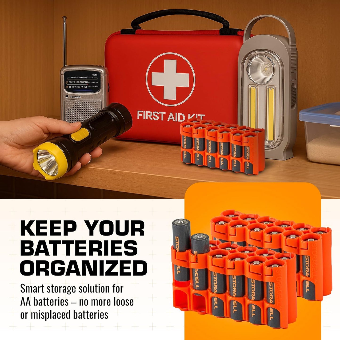 AA Battery Storage Caddy by Storacell, Orange, Holds 12 Batteries (Not included)