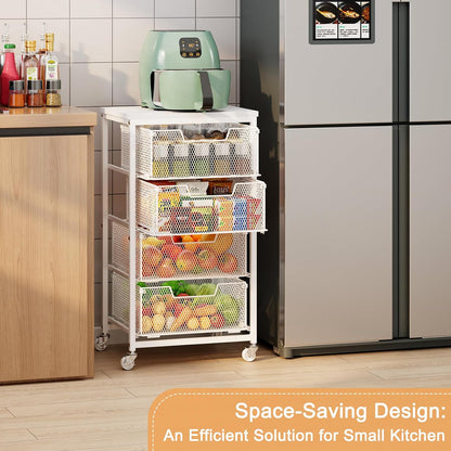 4 Tier Kitchen Rolling Cart, Kitchen Storage Cart with Wheels, Adjust Pantry Organizer and Storage Cart with Drawer, Fruit Vegetable Spice Storage Cart, Wooden Top Metal Kitchen Organizer Rack Stand