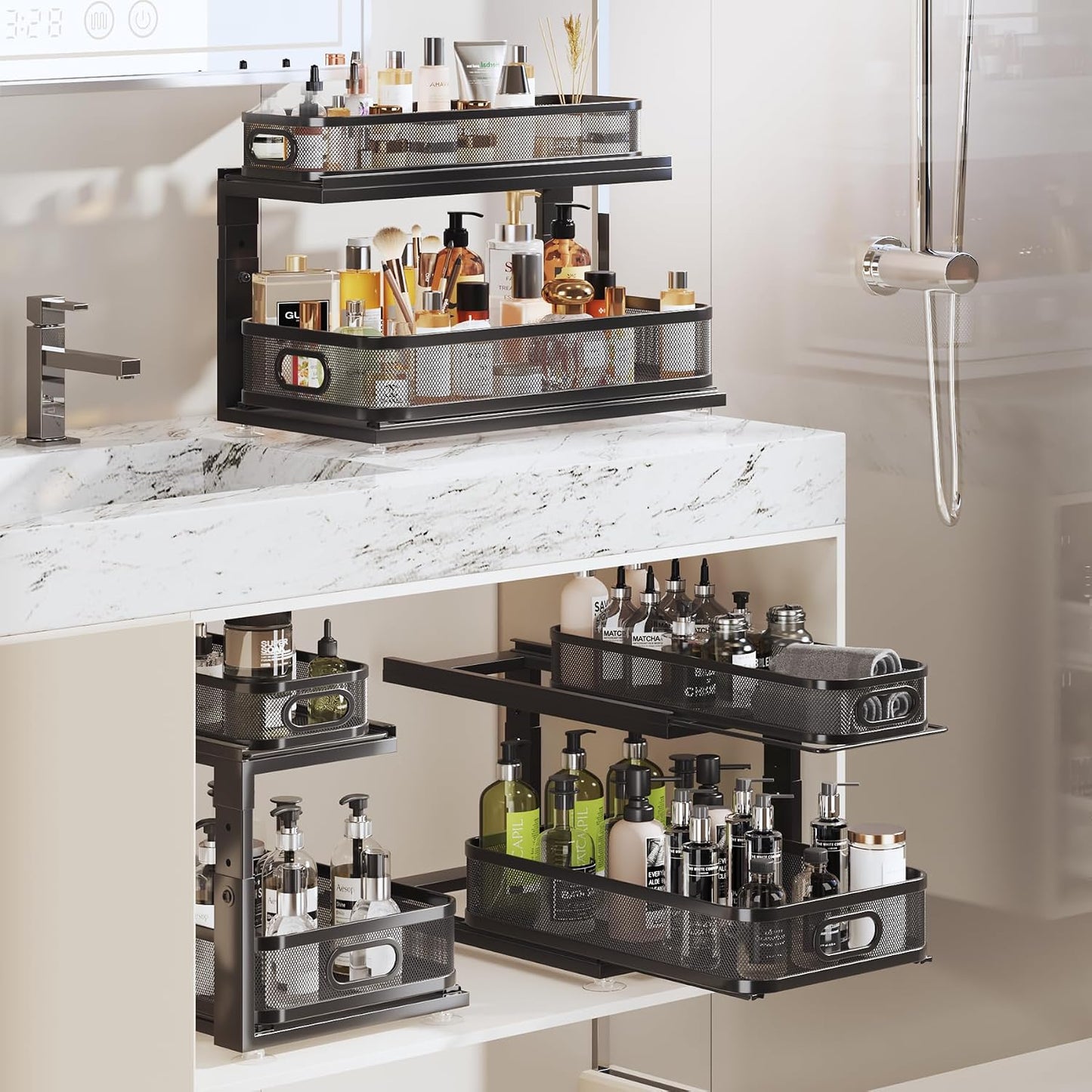 2 Pack 18.5IN-Depth Under Sink Organizer With Next-Gen Ball-Bearing Slides,2-Tier Precision Mesh Pull Out Cabinet Storage for Bathroom&Kitchen,Height Adjustable Drawers Shelf,Anti-rust-White