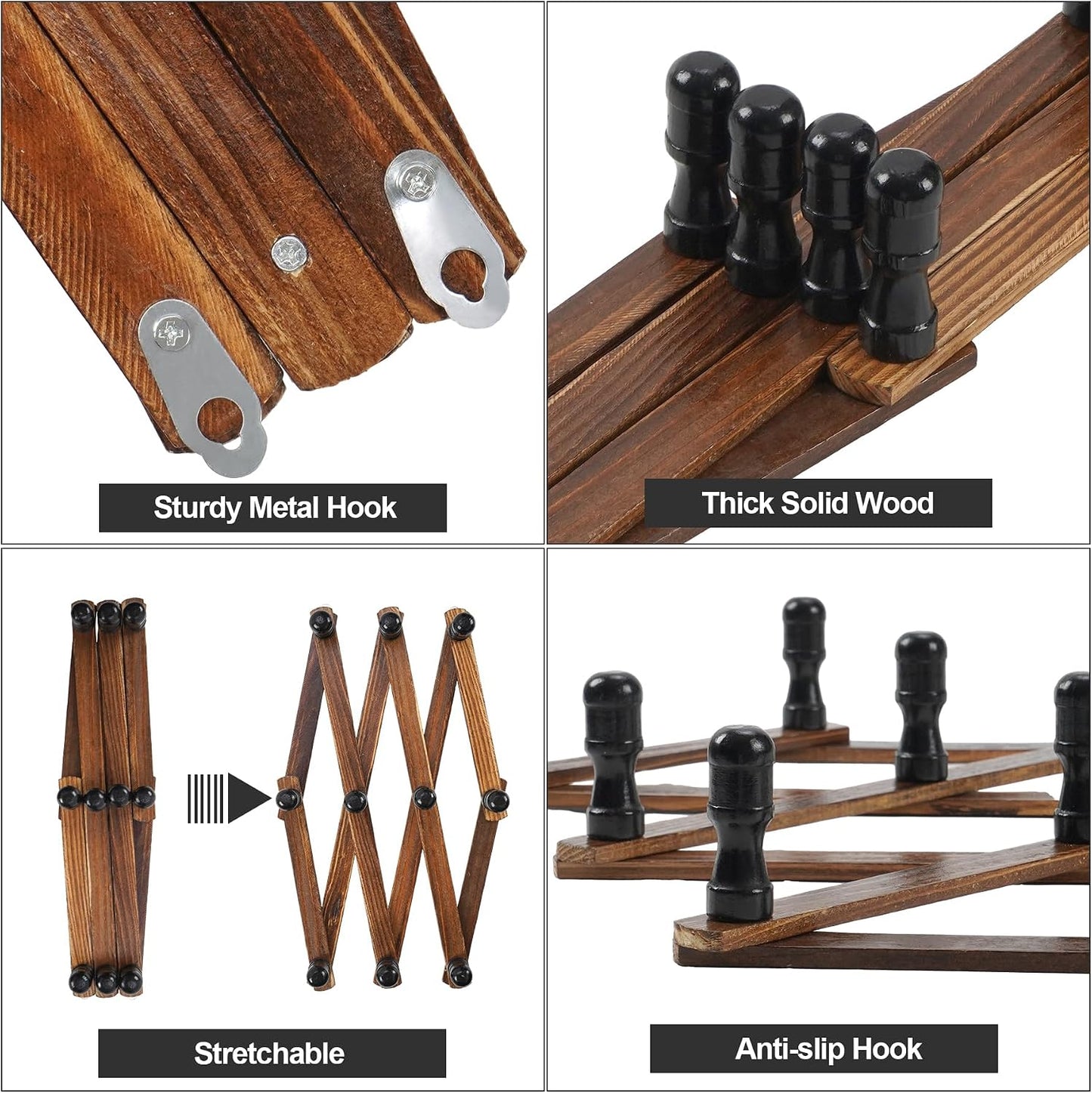 WGFKVAS 2 Pack Accordion Hat Rack for Wall - Expandable Coat Rack & Wall Mounted Hat Holder - Wooden Wall Hanger with 10 Peg Hooks for Coats, Baseball Caps, Keys & Mugs