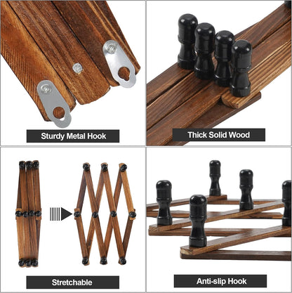 WGFKVAS 2 Pack Accordion Hat Rack for Wall - Expandable Coat Rack & Wall Mounted Hat Holder - Wooden Wall Hanger with 10 Peg Hooks for Coats, Baseball Caps, Keys & Mugs