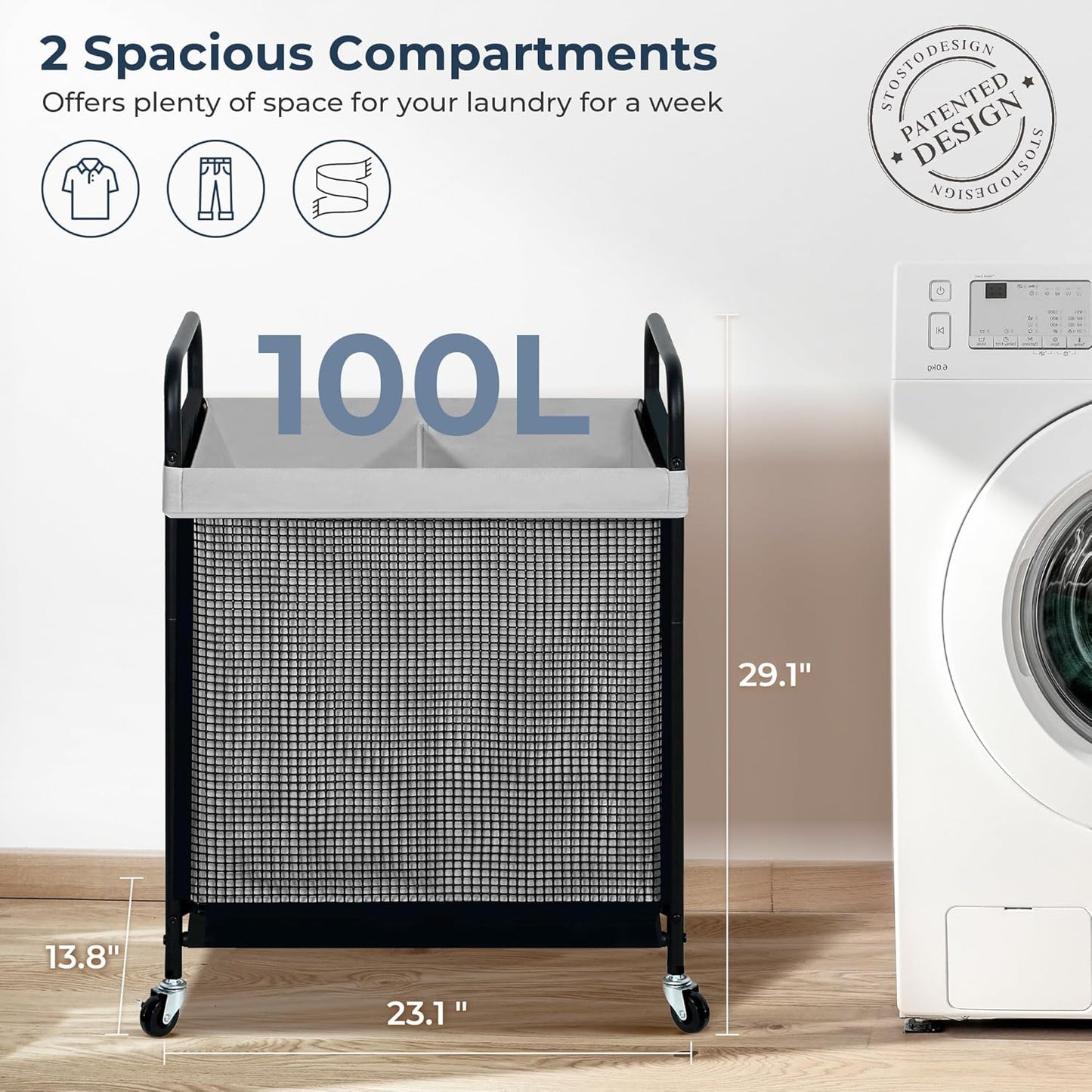 STO STO Laundry Hamper 3 Section, 120L Rolling Laundry Sorter Cart with Removable and Washable Liner Bag, Clothes Hamper with Wheels and Metal Handle for Laundry Room and Bedroom