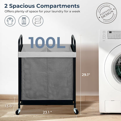 STO STO Laundry Hamper 3 Section, 120L Rolling Laundry Sorter Cart with Removable and Washable Liner Bag, Clothes Hamper with Wheels and Metal Handle for Laundry Room and Bedroom