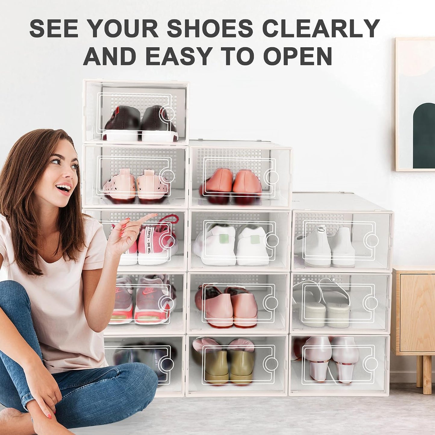 Kuject 12 Pack Large Shoe Boxes, Clear Stackable Containers with Lids,Black | Shoe organizers for closet & entryway, under-bed,Drop-front design fits women's size 10
