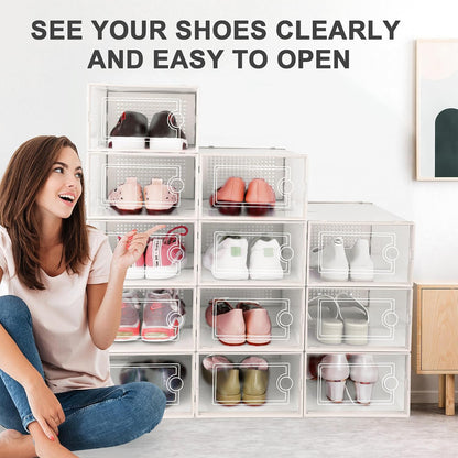 Kuject 12 Pack Large Shoe Boxes, Clear Stackable Containers with Lids,Black | Shoe organizers for closet & entryway, under-bed,Drop-front design fits women's size 10