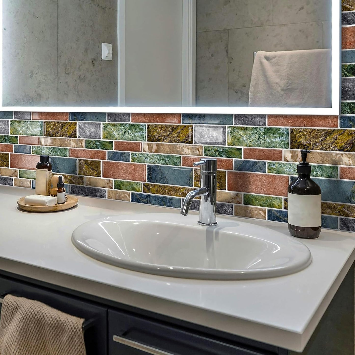 DEWOO Peel and Stick on Self Adhesive Backsplash Wall Marble Tiles Stickers 3D for Kitchen Bathroom,Spliced Blue (10-Sheet, 12"×12")