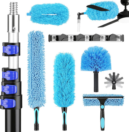 20ft High Reach Extendable Duster Kit with 5-12ft Extension Pole - Ceiling Fan Blade Cleaner, Spider Web Brush Cobweb Remover, Window Squeegee Kit with Telescoping Wand, Extended Extra Long Handle