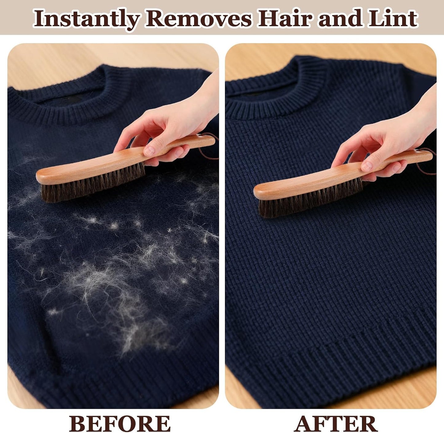 Bokon 2 Pcs Lint Brushes for Clothes with 100% Soft Horse Hair Bristle Beech Wood Handle Natural Reusable Garment Brush Lint Remover for Hat Wool Coats Suits Hat Velvet Furniture Pet Hair Shoe