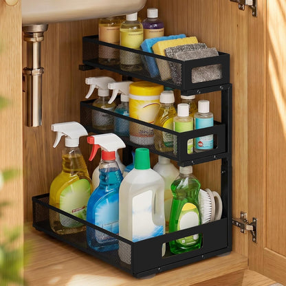 3 Tier Under Sink Organizer,2 Pack Pull Out Cabinet Shelves with Adjustable Height,Heavy Duty Carbon Steel L-Shaped Storage for Kitchen Bathroom Sink,Pantry & Laundry,White