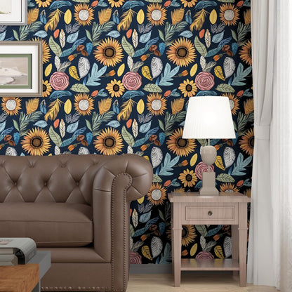 Blue Wallpaper Peel and Stick,Vintage Boho Floral Contact Paper 17.5" x 118", Retro Botanical Flower Wall Paper Self Adhesive Removable Waterproof for Walls Shelves Cabinet Table (Blue,Yellow, Green)