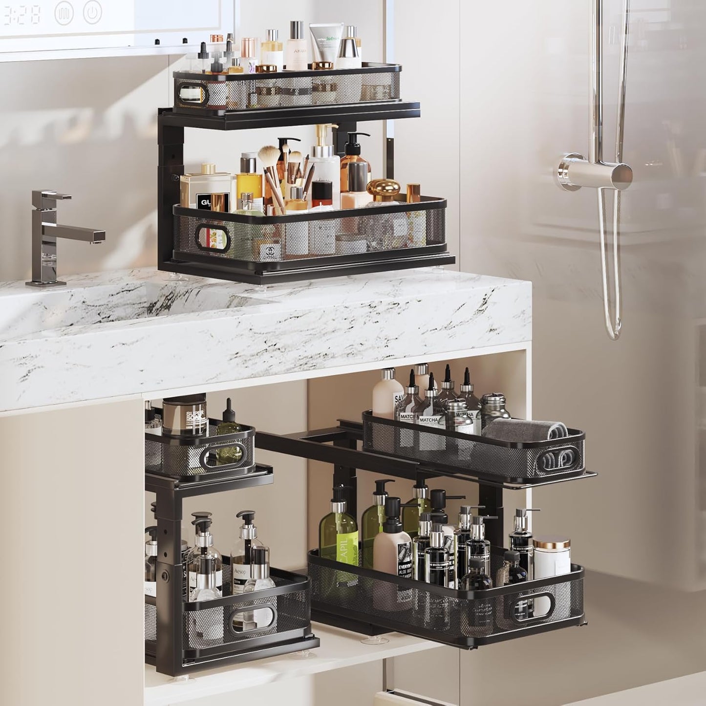 2 Pack 18.5IN-Depth Under Sink Organizer With Next-Gen Ball-Bearing Slides,2-Tier Precision Mesh Pull Out Cabinet Storage for Bathroom&Kitchen,Height Adjustable Drawers Shelf,Anti-rust-White