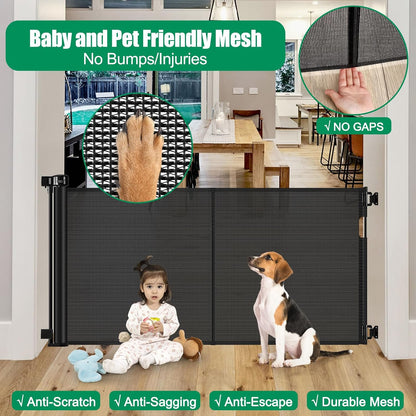 Reinforced 50" Wide Retractable Baby Gates for Doorways, Retractable Dog Gate for Stairs with Support Rods – Prevent Crawling Under, Outdoor Indoor Mesh Baby Gate Retractable Gates for Dogs, White