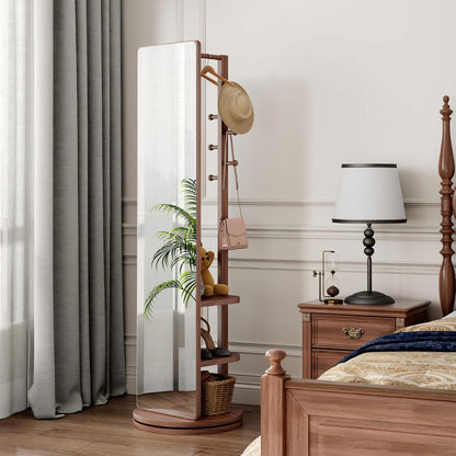 Full Length Mirror with Coat Rack & Storage, 360° Rotating Solid Wood Standing Floor Mirror with Shelves for Bedroom, Entryway, Dressing Room (Natural Wood, 66" x 18")