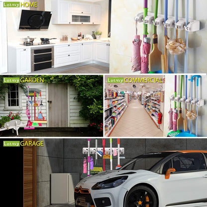 LETMY Broom Holder Wall Mounted - Mop and Broom Hanger Holder - Garage Storage Rack & Garden Tool Organizer - 5 Position 6 Hooks for Home, kitchen, Garden, Tools, Garage