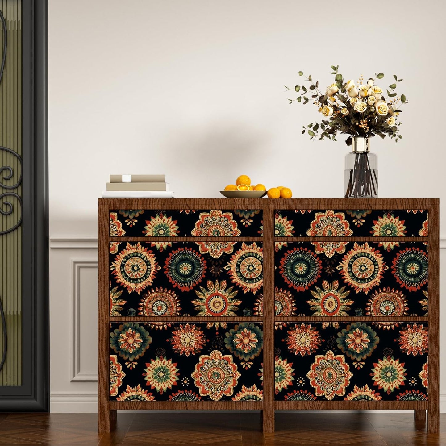 BOKEBEVE Leaves Contact Paper Floral Wallpaper Stick and Peel Boho Damask Wall Paper for Liner Drawer Cabinet Backsplash Renter Friendly Waterproof 17.5 x 118In