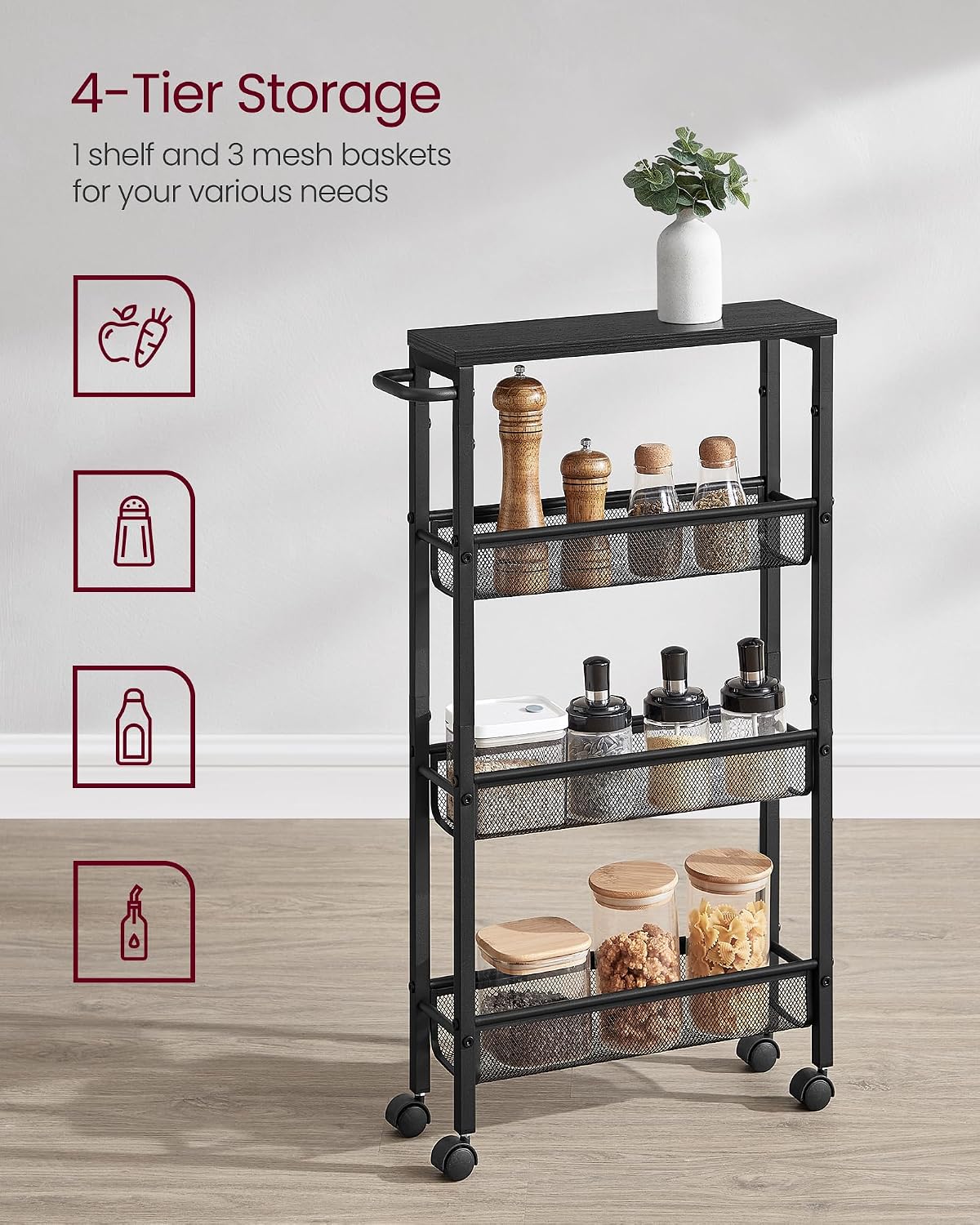 VASAGLE Slim Rolling Cart, 4-Tier Narrow Storage Cart with Handle, 5.1 Inches Deep, Metal Frame, for Kitchen, Dining Room, Living Room, Home Office, Rustic Brown and Classic Black ULRC032B01V1