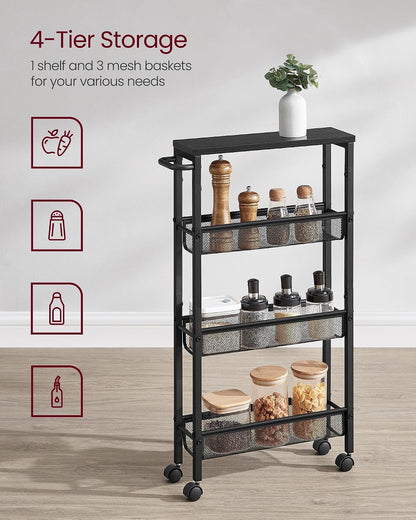 VASAGLE Slim Rolling Cart, 4-Tier Narrow Storage Cart with Handle, 5.1 Inches Deep, Metal Frame, for Kitchen, Dining Room, Living Room, Home Office, Rustic Brown and Classic Black ULRC032B01V1