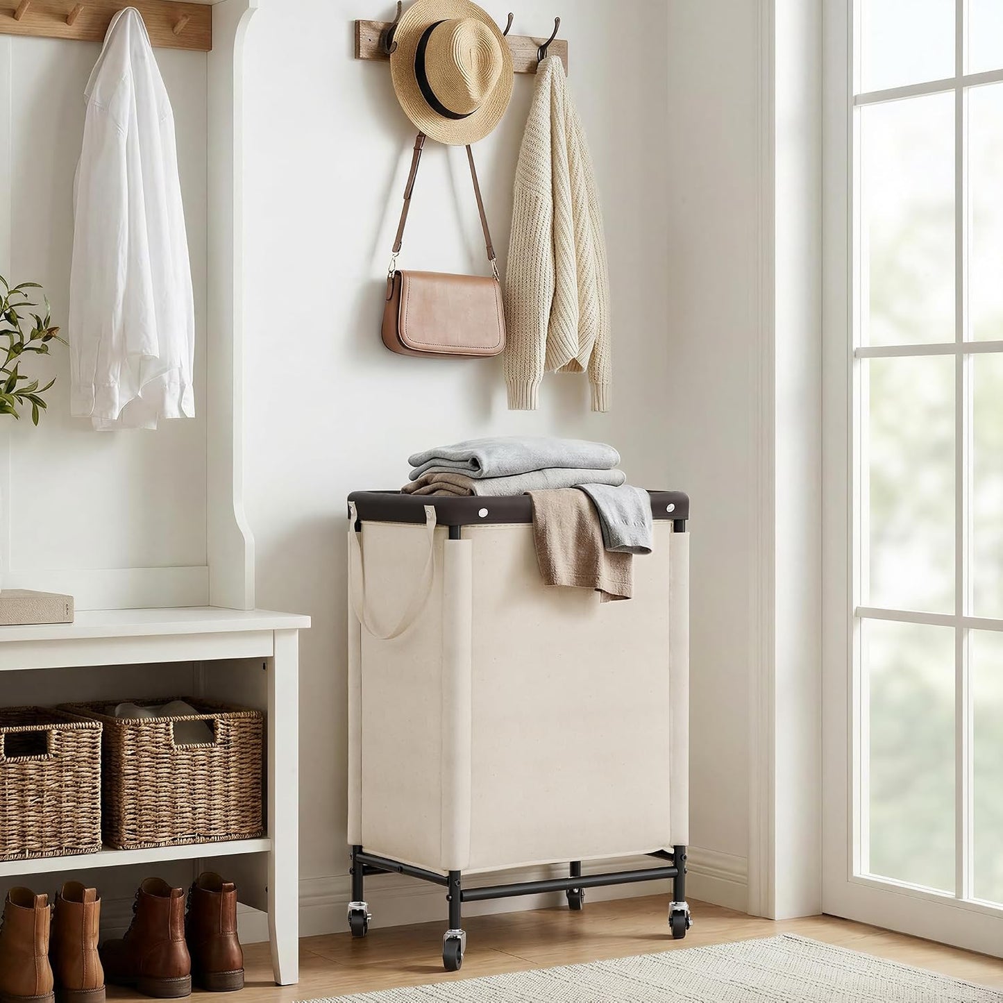 StorageWorks 3 Section Laundry Hamper, Rolling Laundry Cart with Wheels and Handles, Laundry Room Double Sorter for Organizer and Storage, 31.7 Gal(120L), Beige