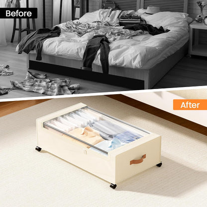 Yecaye Under Bed Storage with Wheels, 2 Pack Under Bed Storage Containers, 60L Underbed Shoe Storage with Clear Window & Label, Rolling Under Bed Metal Drawer for Clothes, Shoes, Books, Blankets