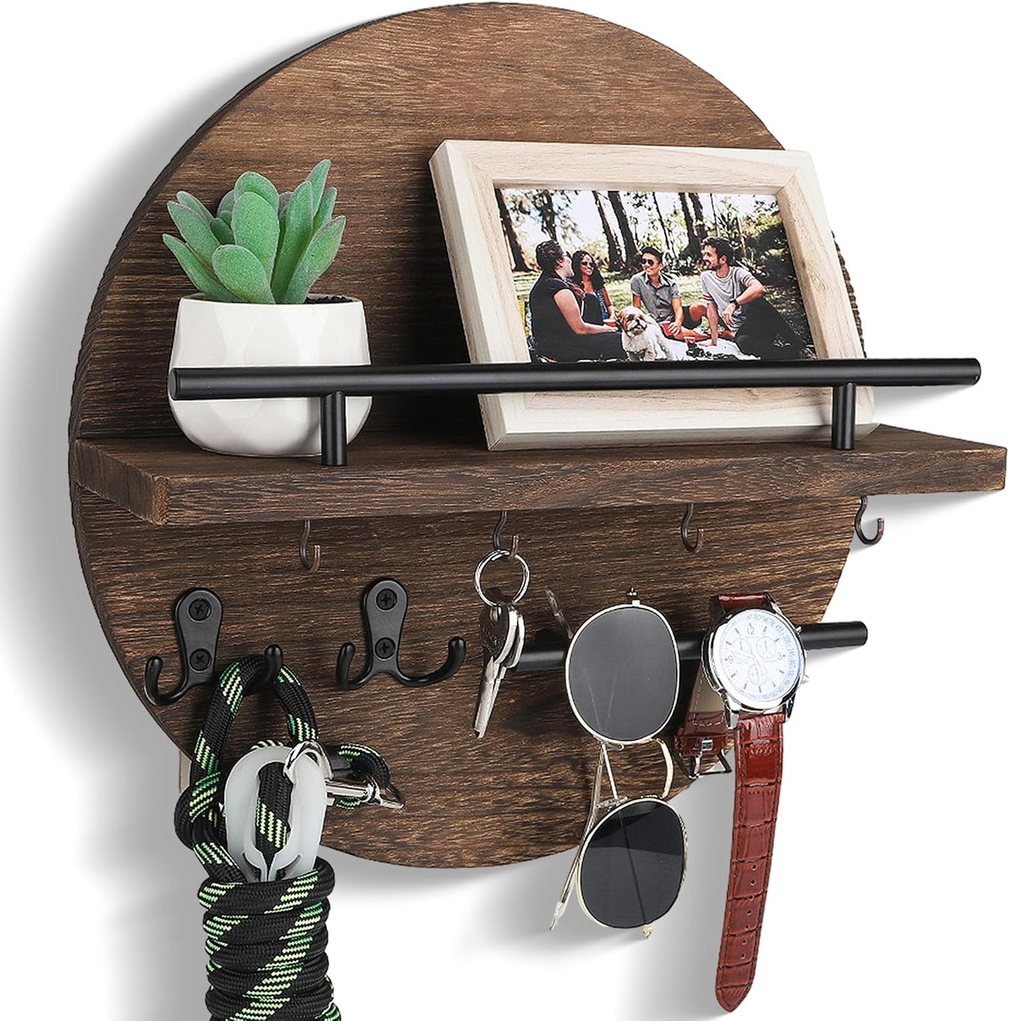 dreampossible Key Holder for Wall Decorative with Shelf and Hooks, Mail Organizer Wall Mount, Circular Design Entryway Key Rack Hanger, Rustic Home Decor (Black)