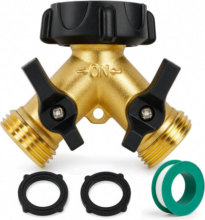 Hourleey Brass Garden Hose Splitter 2 Way, 3/4 Inch Hose Connector Tap Splitter, Hose Y Splitter, Hose Spigot Adapter 2 Valves with Extra Rubber Washers