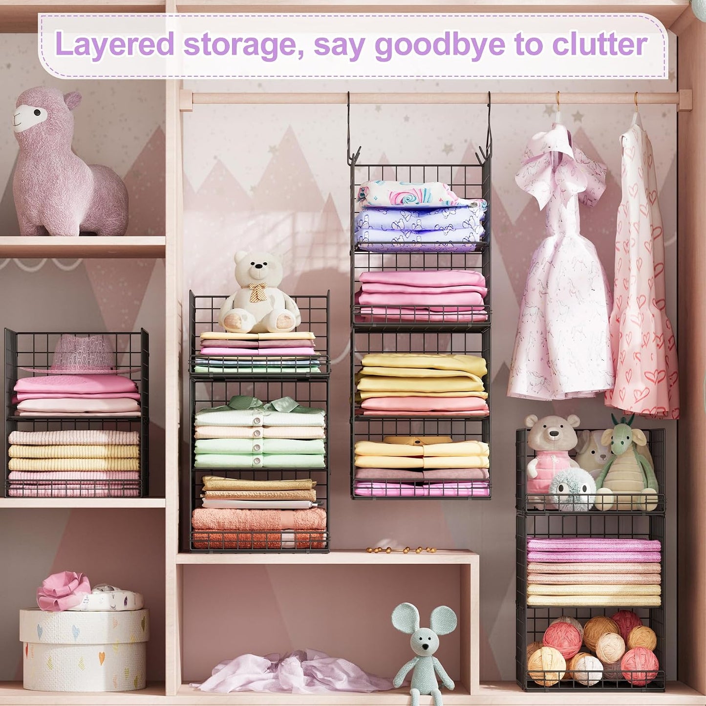 Yuyetuyo 5 Tier Closet Hanging Organizer and Storage Separable Hanging Closet Shelves with 4 Hooks 2 Adjustable Dividers, Wire Storage Basket Bins for Clothing Sweaters Socks Dolls Handbags, Foldable