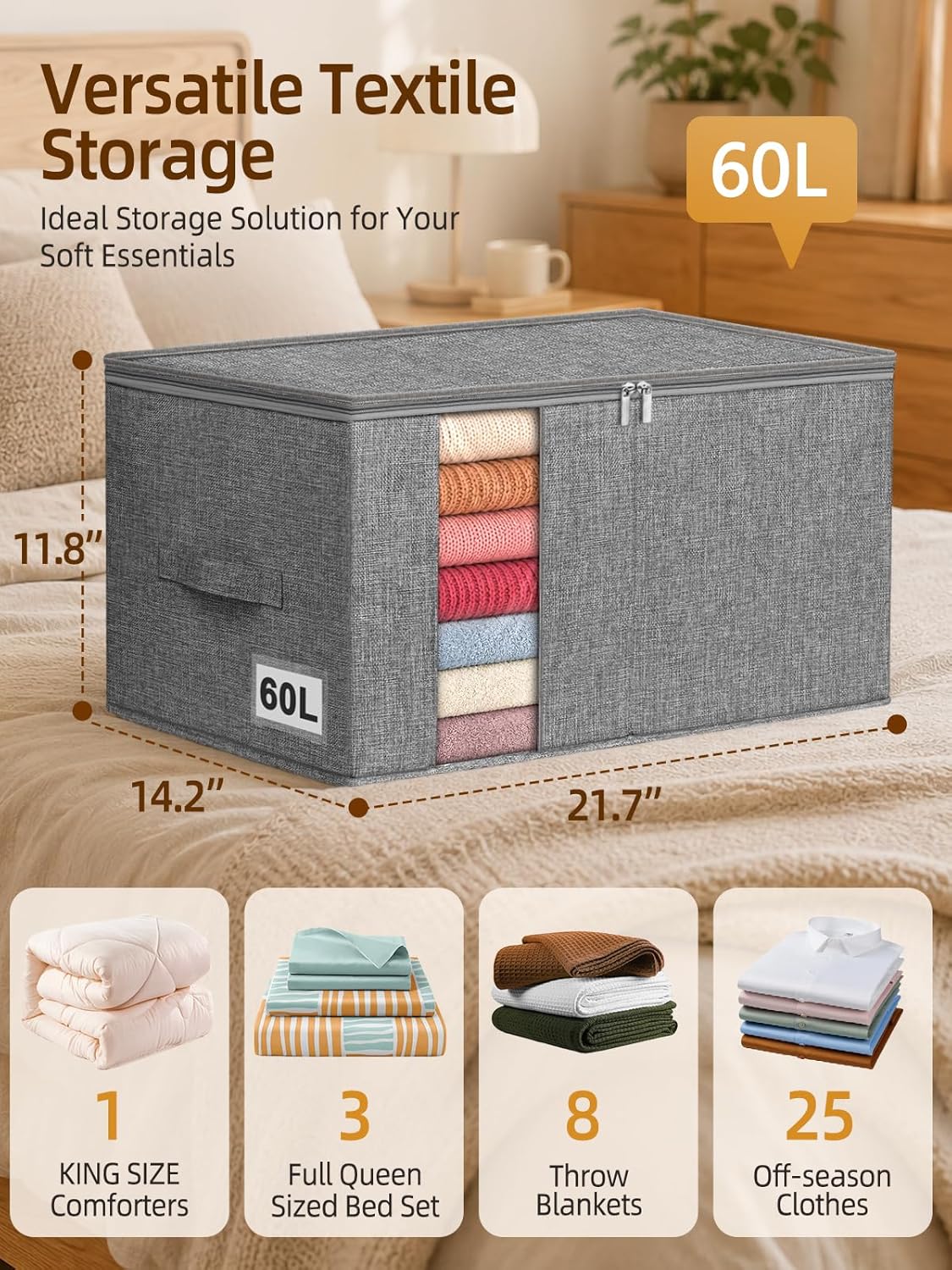 60L Blanket/Comforter Storage Bag w/Rigid Side & Bottom Support, Stackable Clothes Storage Bin for Sweaters Bedding Sets Quilts Pillows, Closet Organizer, 21.7x14.2x11.8in, 2 Pack, Gray